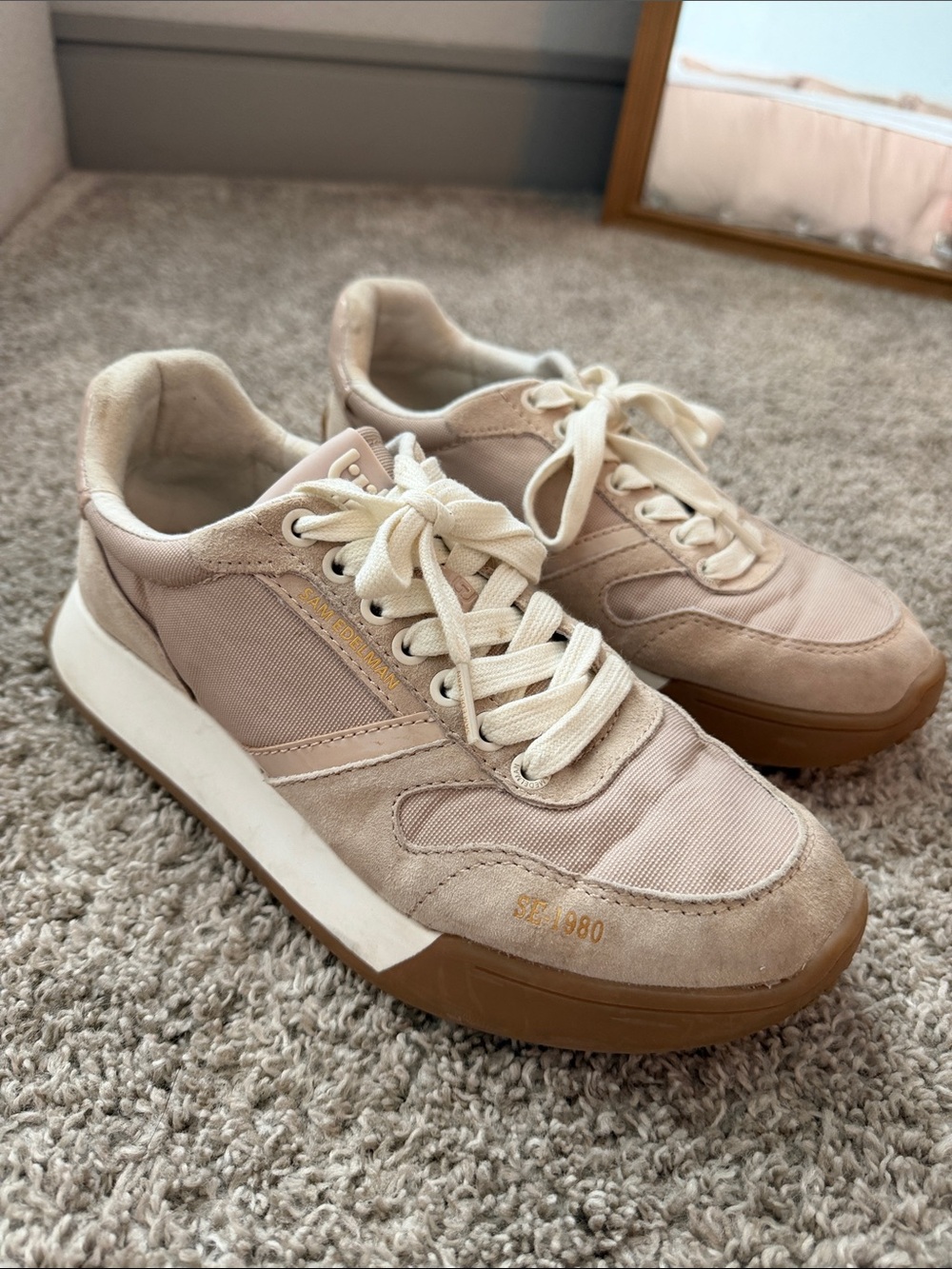 Sam Edelman Neutral Beige Suede & Canvas Sneakers